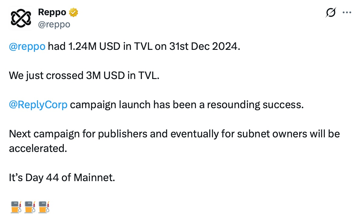 Reppo client endorsement · 1.24M to 3M TVL after Triad campaign