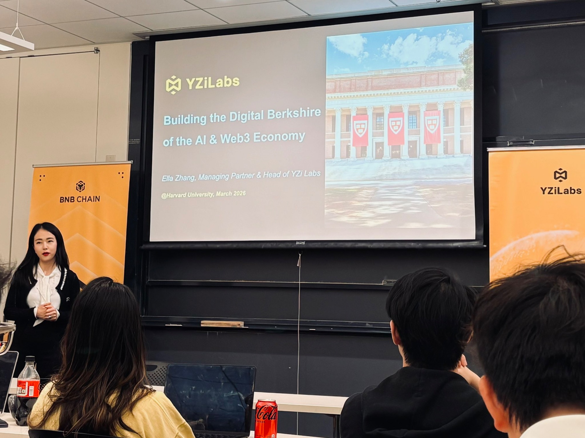 Ella Zhang presenting YZi Labs at Harvard University — Building the Digital Berkshire of the AI and Web3 Economy